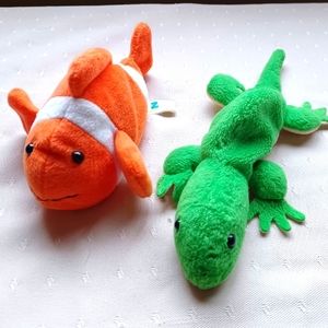 2 VTG Zangeen soft Beanie Plush stuffed Orange Fish -2004 ,Green Lizard- 1996